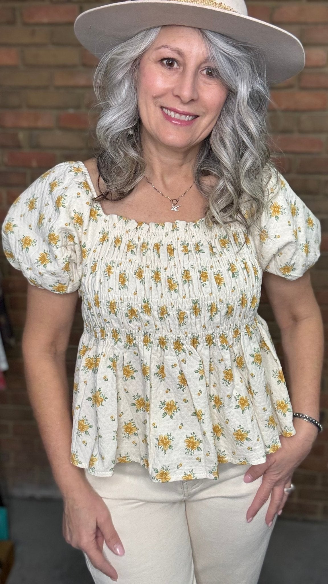 Cream/Yellow Smocked Top - Vintage Vault Boutique