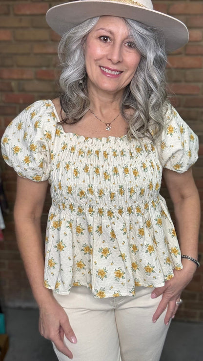 Cream/Yellow Smocked Top - Vintage Vault Boutique