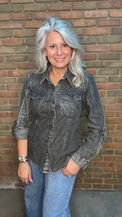 Black Denim Button-Up Embroidery Shirt - Vintage Vault Boutique