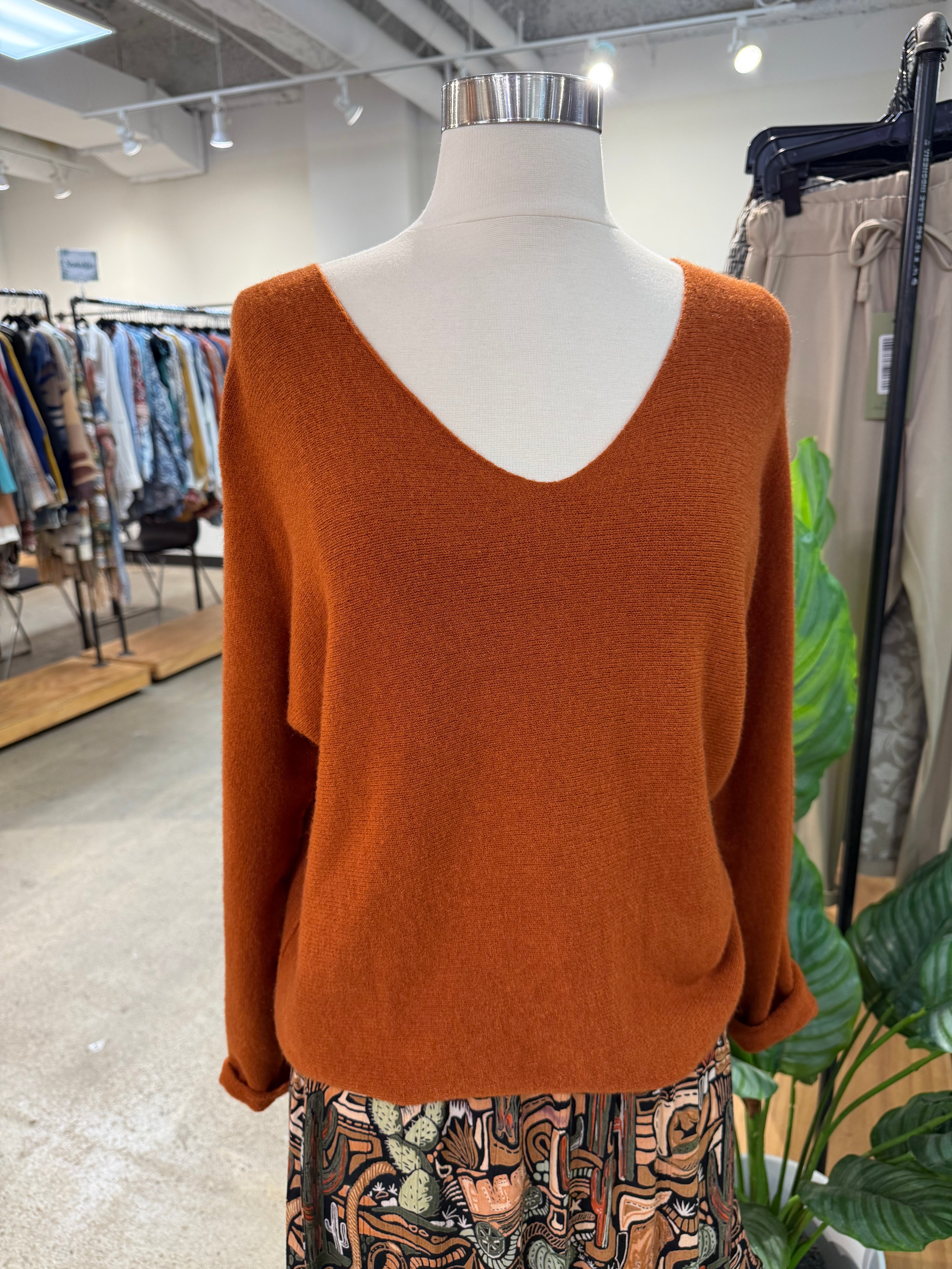 Rust V-Neck Solid Sweater ONE SIZE