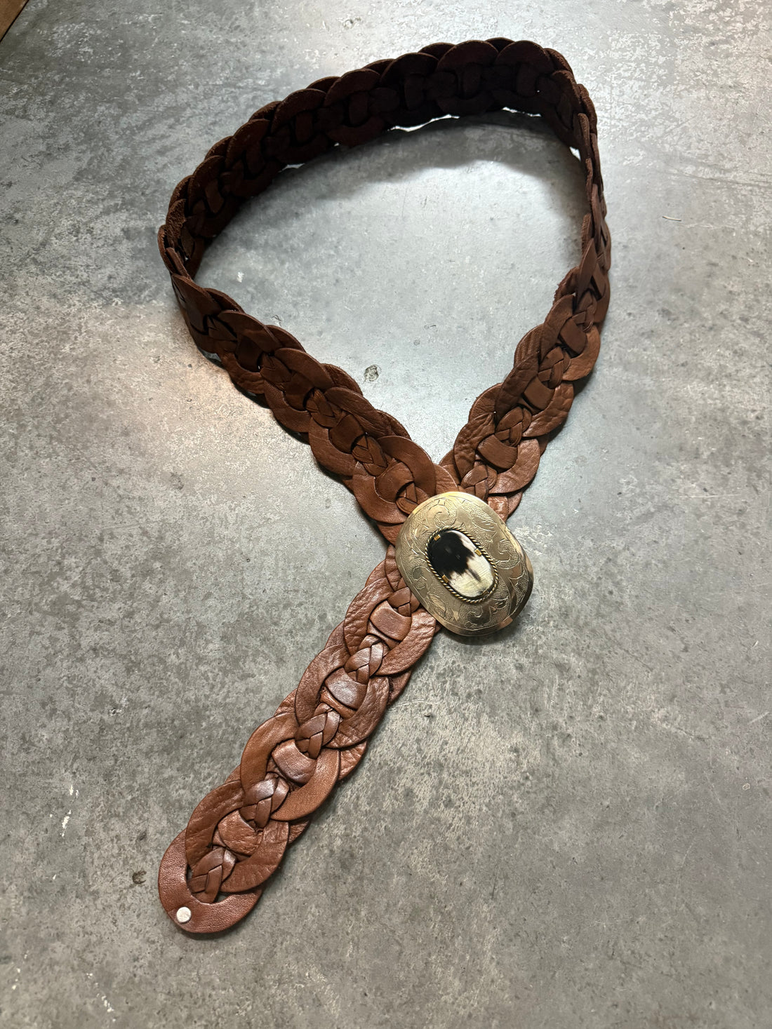 Brown Woven Belt with Oval Shell Accent Buckle