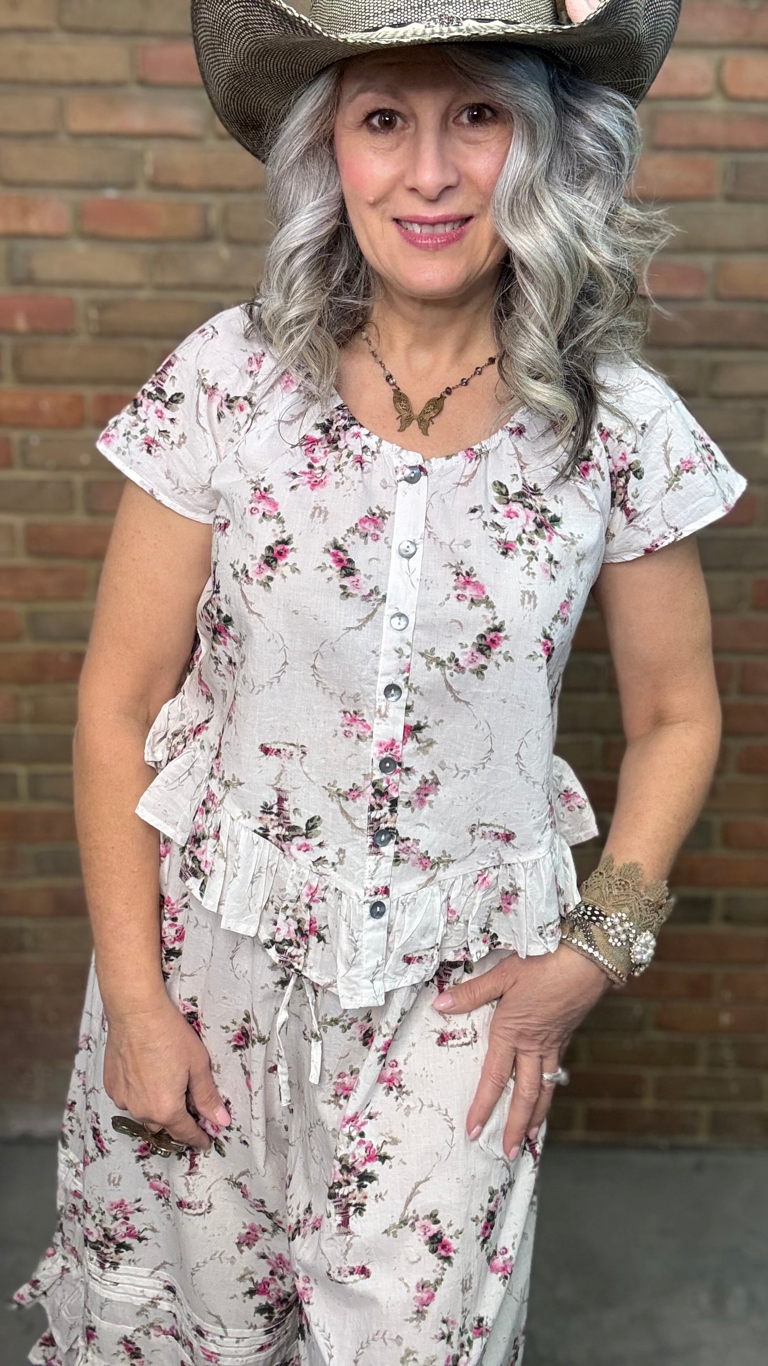 Floral Print Ruffle Bottom Blouse