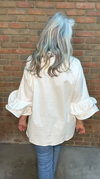 Double Ruffle Sleeve White Shirt - Vintage Vault Boutique