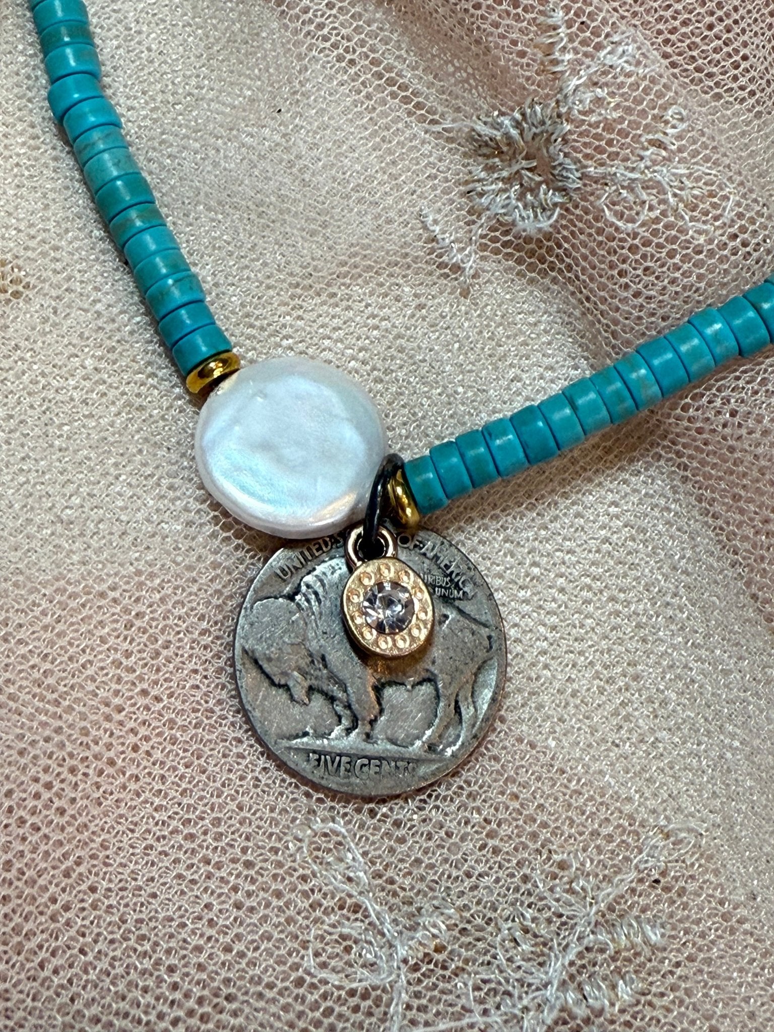 Turquoise Pearl and Buffalo Nickel Necklace - Vintage Vault Boutique