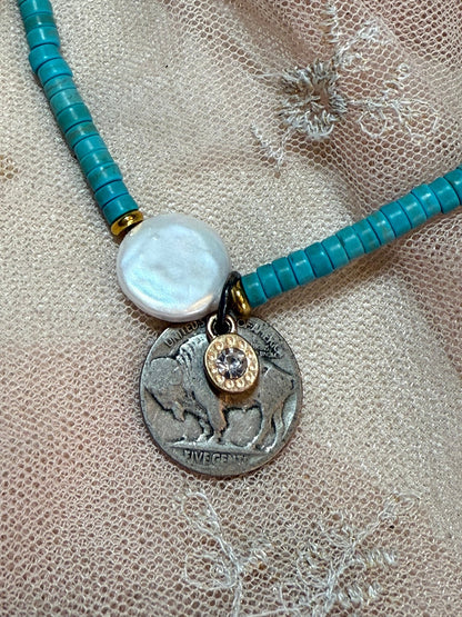 Turquoise Pearl and Buffalo Nickel Necklace - Vintage Vault Boutique