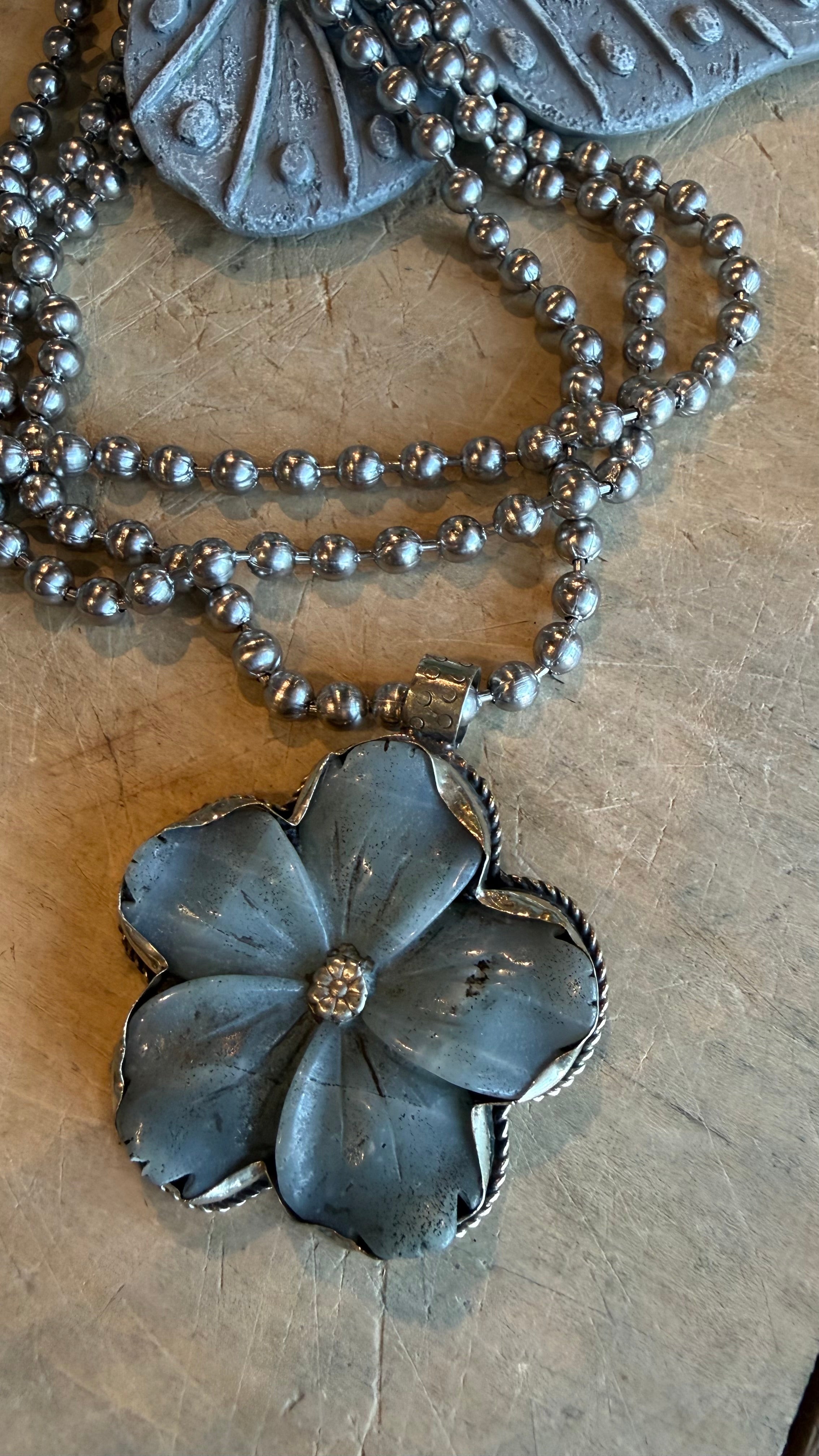 Amazonite Flower on Triple Strand Sterling Silver Ball Chain Necklace