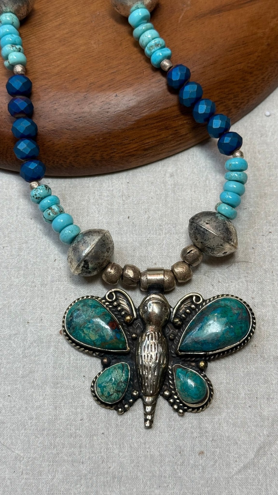 Turquoise Butterfly on Mixed Beaded Necklace - Vintage Vault Boutique