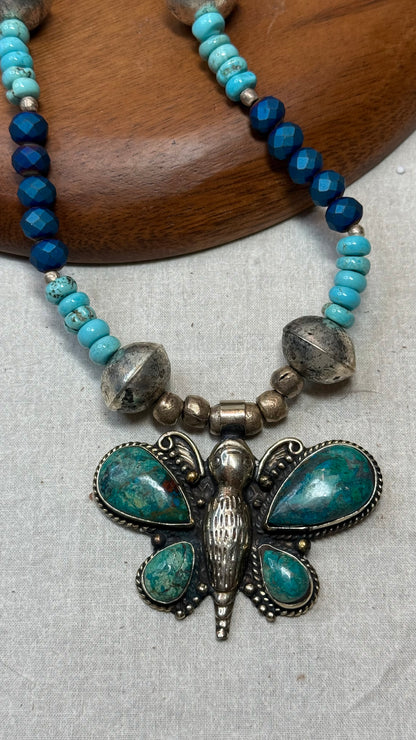 Turquoise Butterfly on Mixed Beaded Necklace