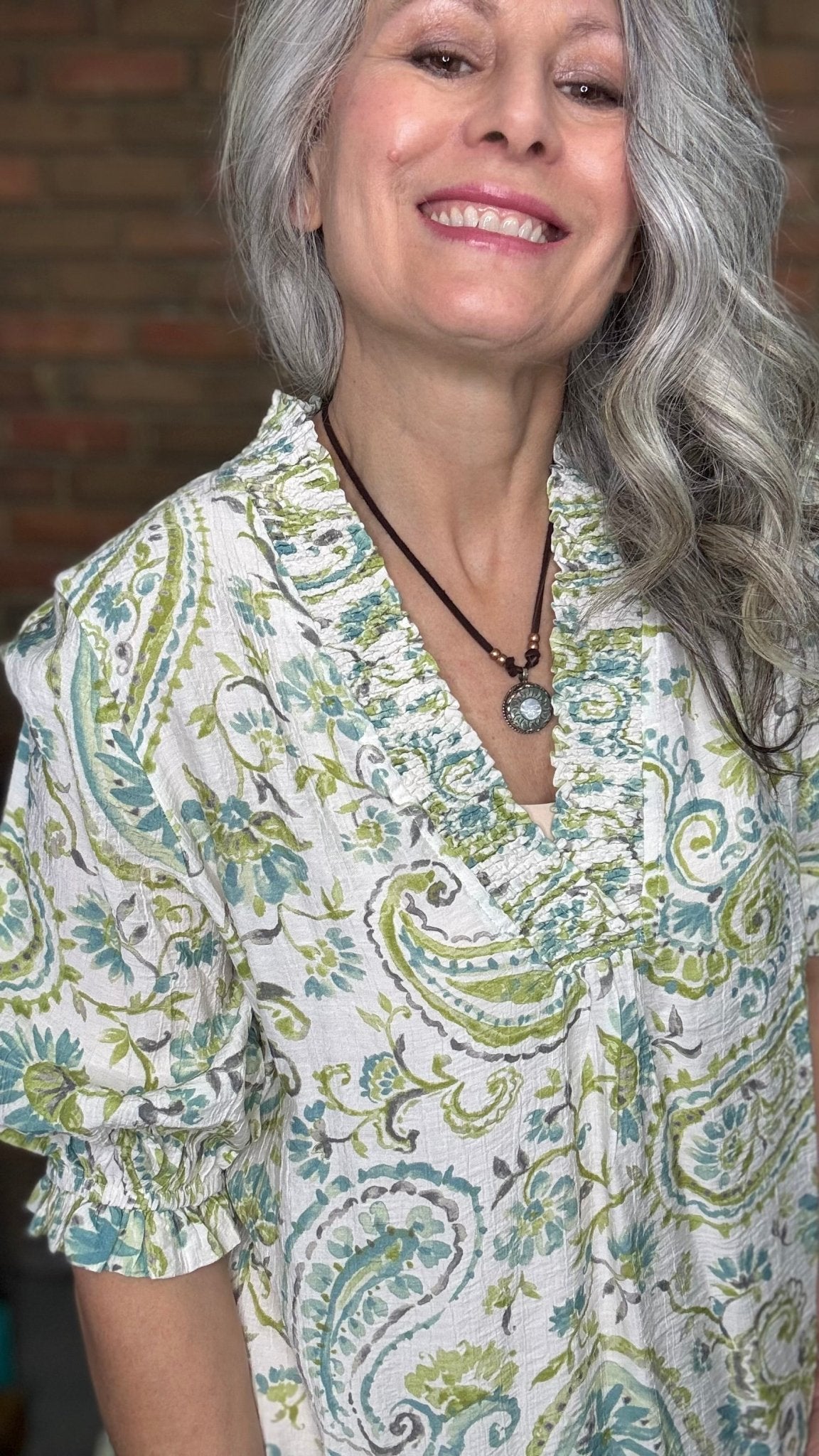 Paisley Print V - Neck Smocking Top - Vintage Vault Boutique