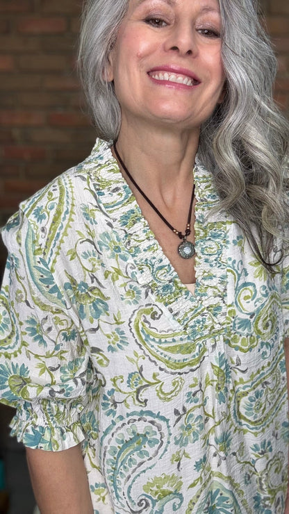 Paisley Print V - Neck Smocking Top - Vintage Vault Boutique