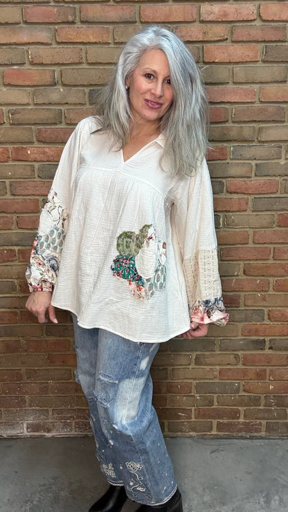 Woman wearing V-Neck Collared Flower Patch Top with Floral Embroidered Relax Jean 1083