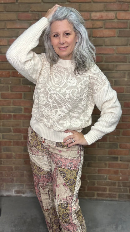 Waffle Stitch Front Paisley Sweater
