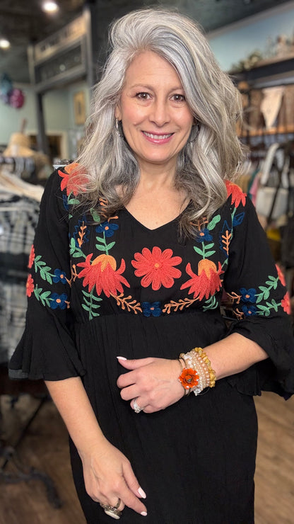 Black Embroidery Midi Dress