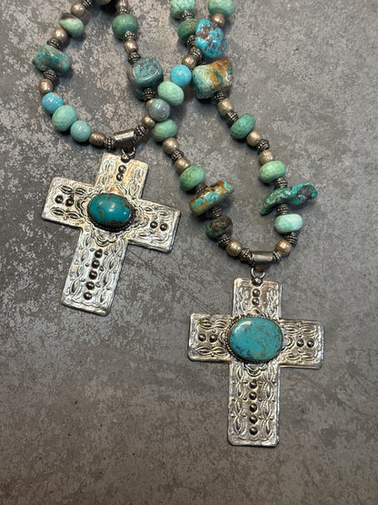 Silver Cross with Turquoise on Leather Necklace