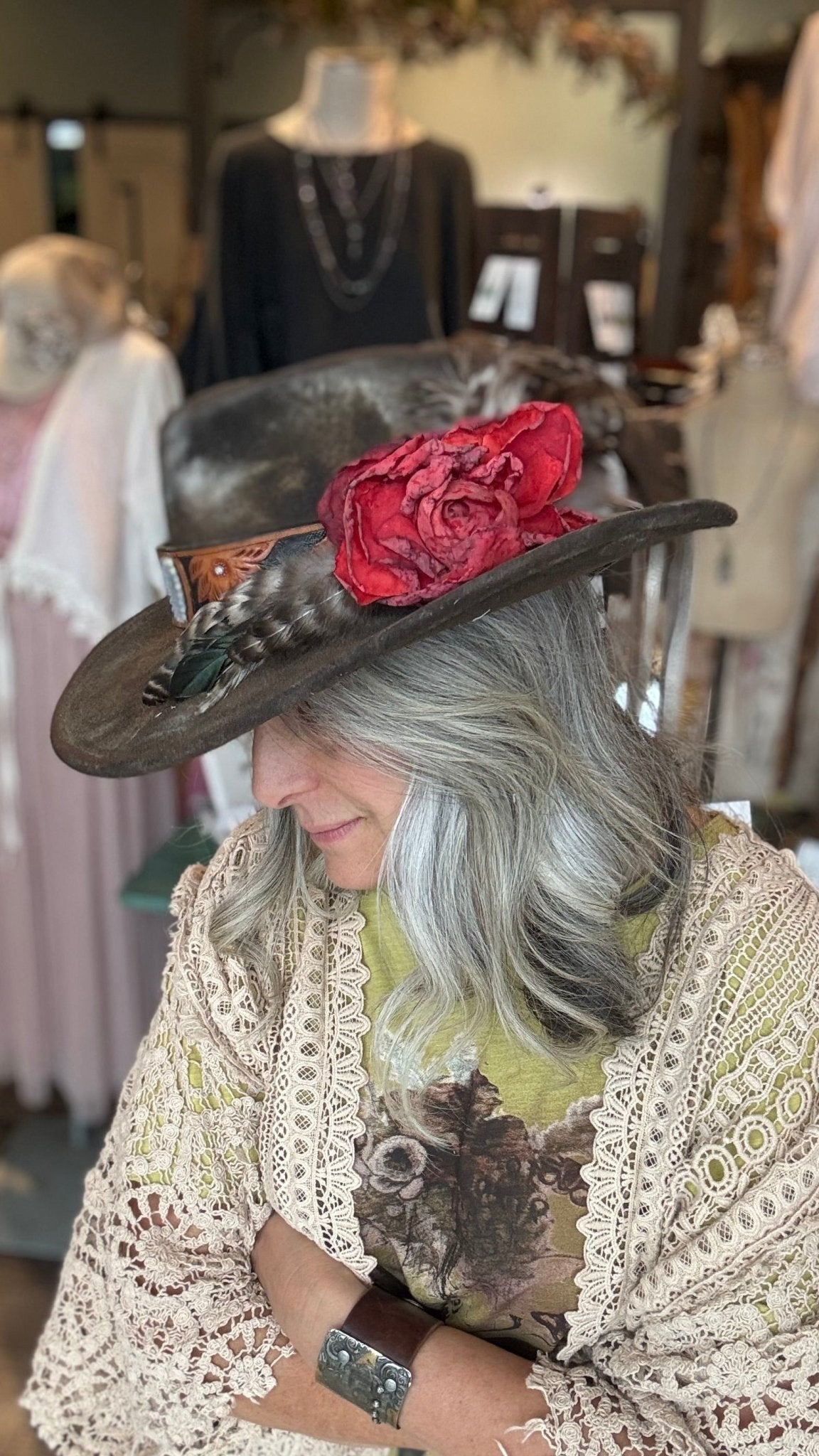 Red Rose Brown Cowboy Hat by A Rare Bird - Vintage Vault Boutique