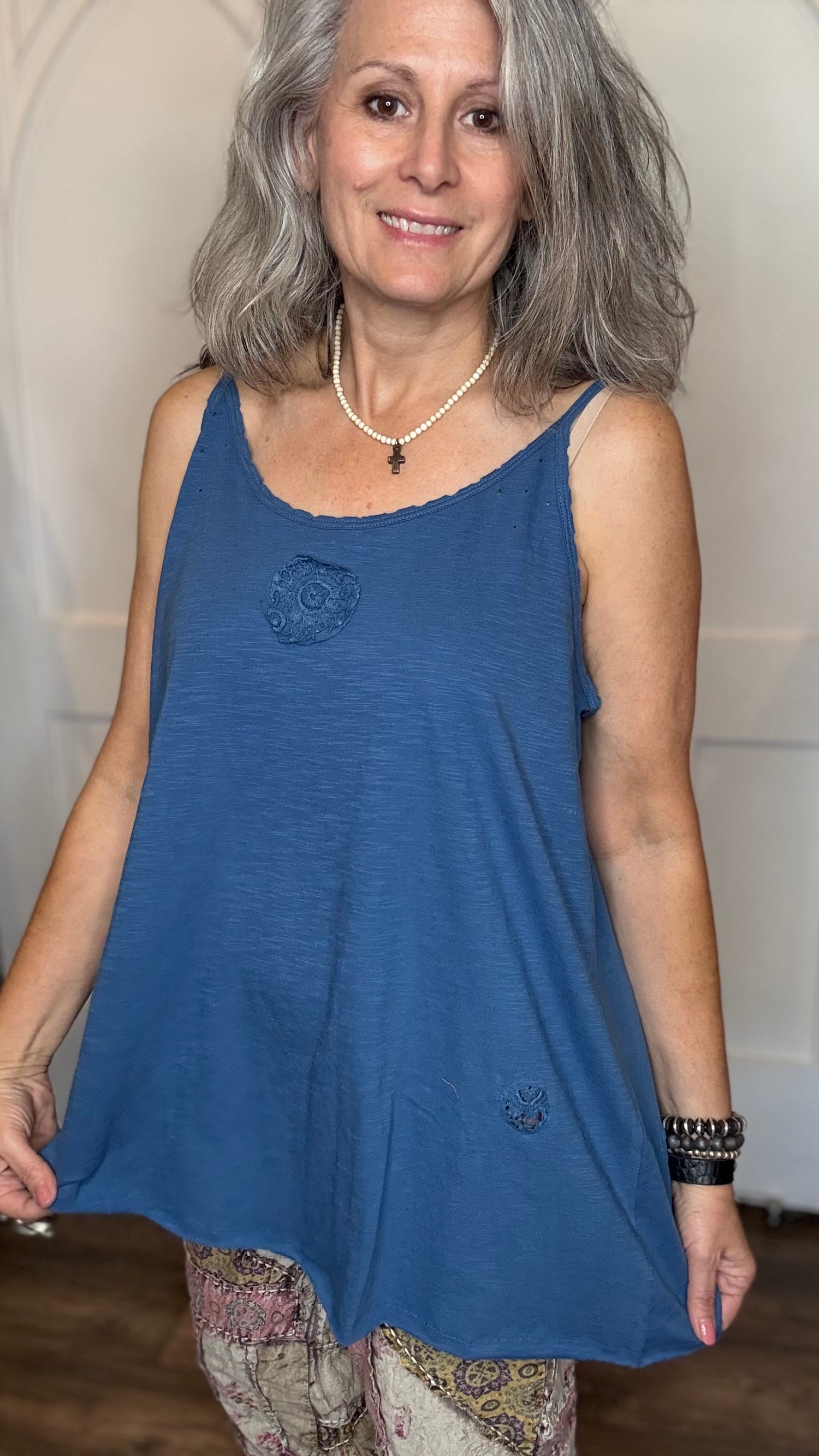 Bright Blue Cami with Lace Inset and Raw Edges