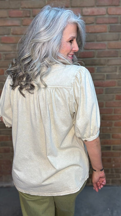 Khaki Linen Henley Top - Vintage Vault Boutique