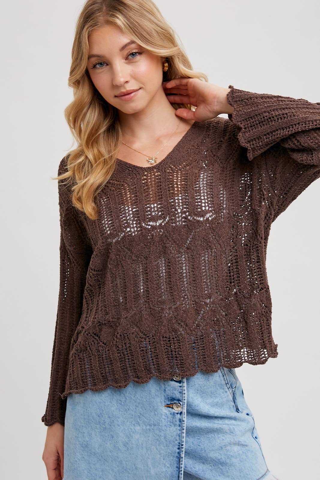 Open Knit Sweater V-Neck Pullover COFFEE