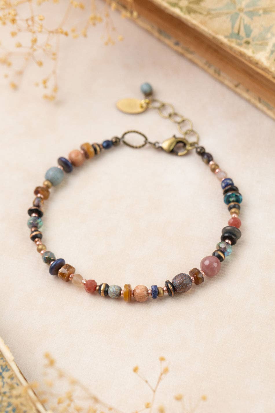 Storyteller 7.5-8.5" Czech Glass, Muscovite, Wood Collage Bracelet