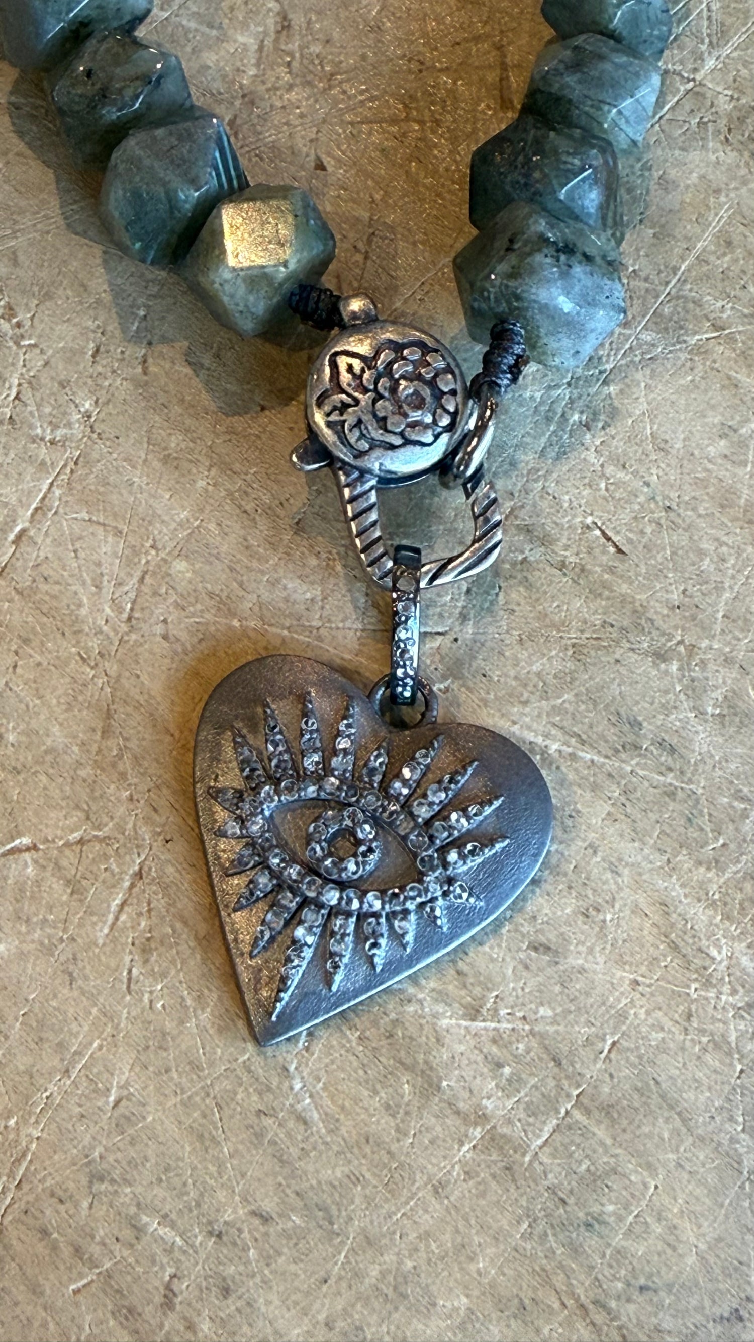 Diamond Evil Eye on Labradorite Charm Holder Necklace