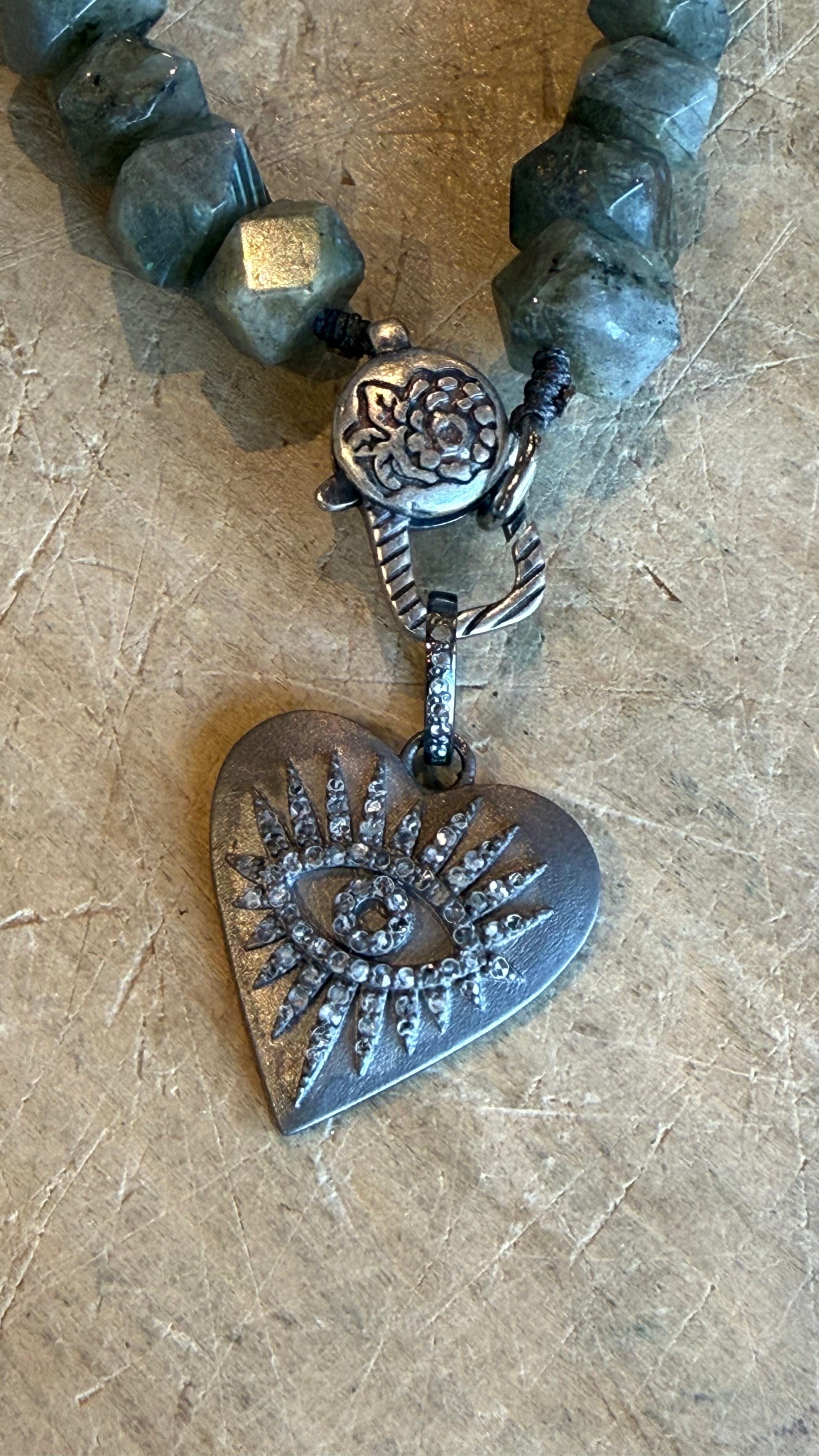 Diamond Evil Eye on Labradorite Charm Holder Necklace