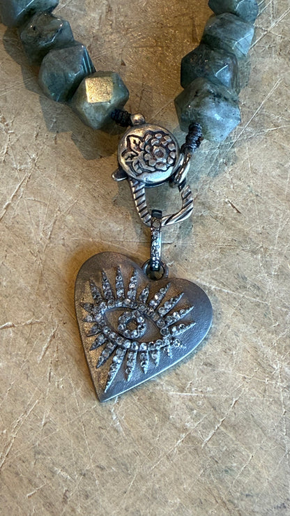 Diamond Evil Eye on Labradorite Charm Holder Necklace