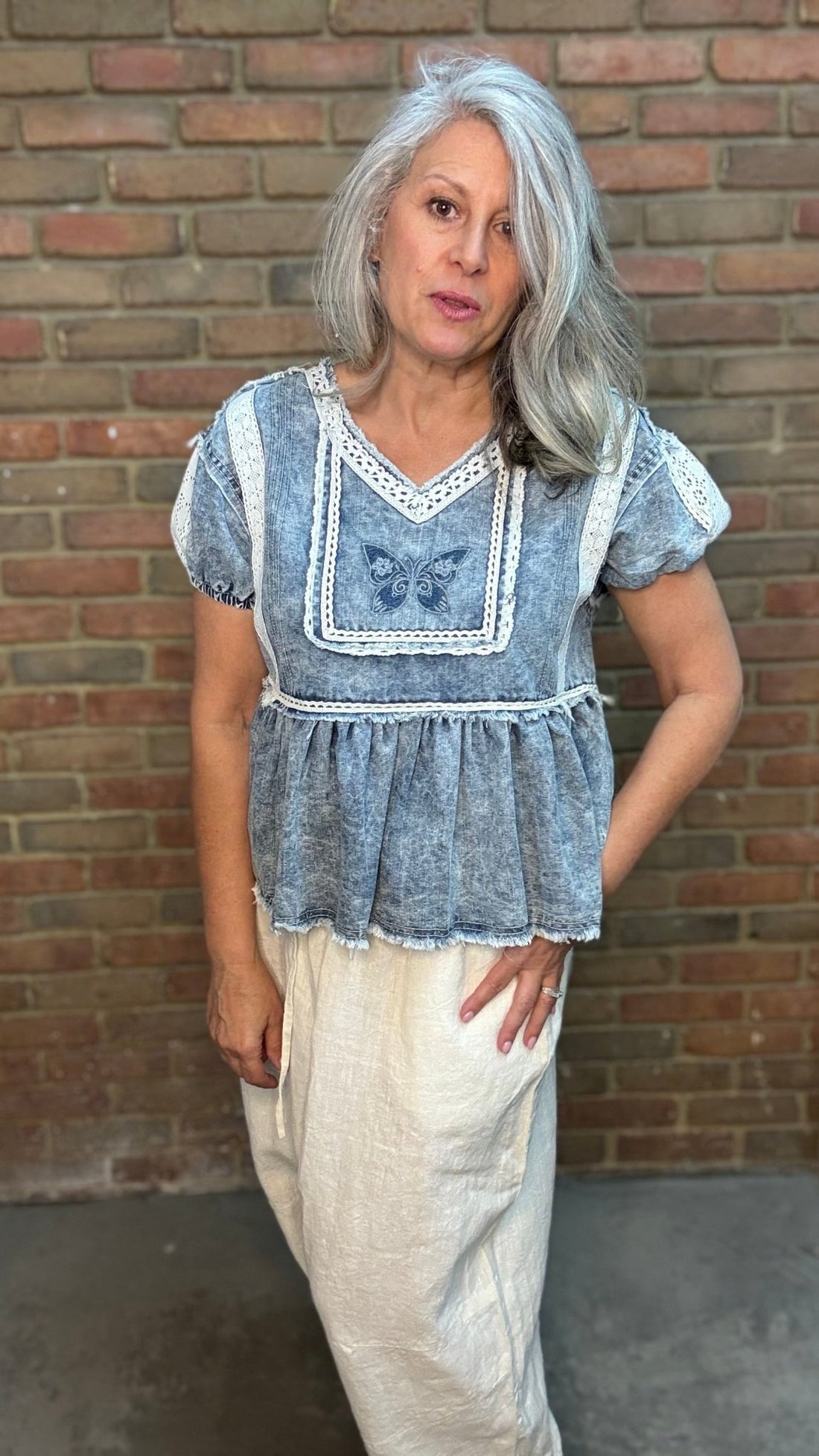 Denim Butterfly Baby Doll Top