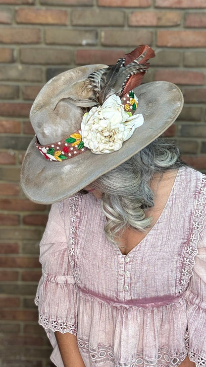 Tan Hat with Embroidery Band - A Rare Bird - Vintage Vault Boutique