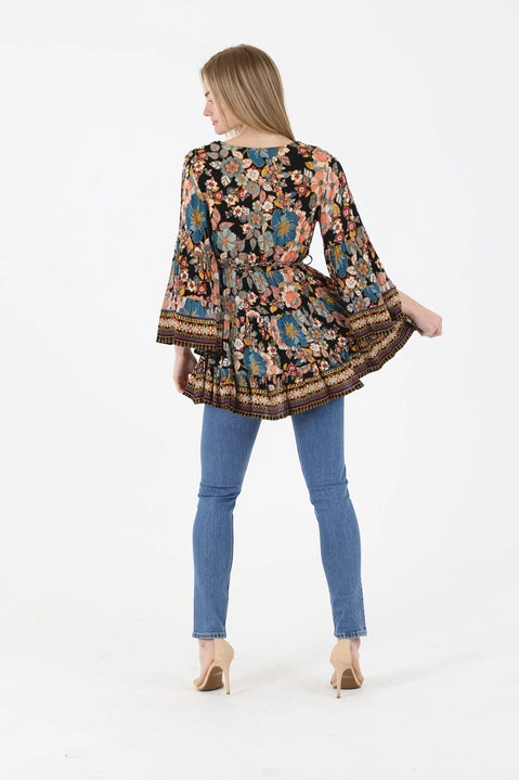 Black Floral V-Neck Tie Tunic Top