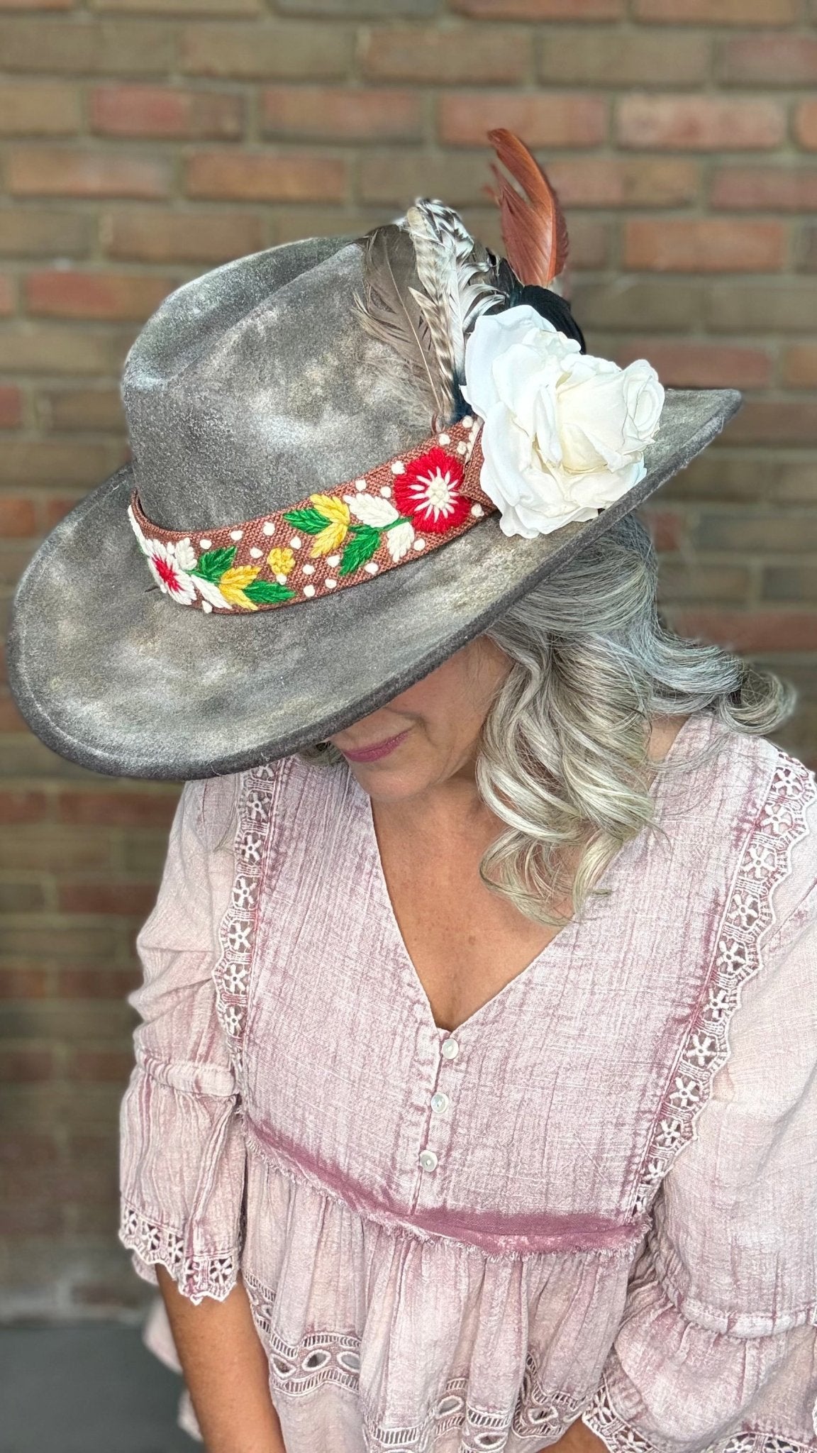 Gray Hat with Embroidery Band - A Rare Bird - Vintage Vault Boutique