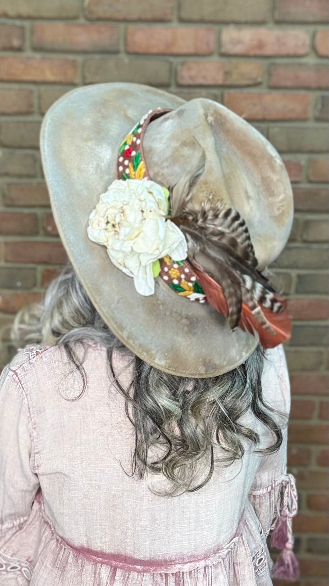 Tan Hat with Embroidery Band - A Rare Bird - Vintage Vault Boutique