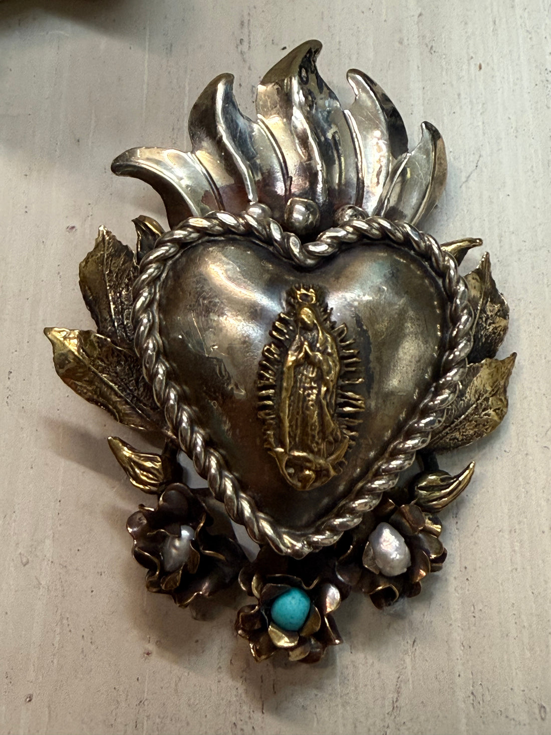 Mix Metal Flaming Heart Pendant