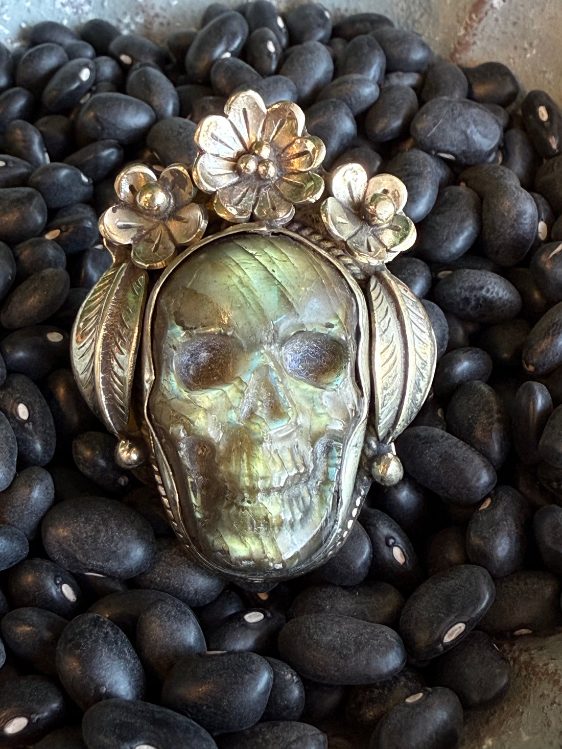 Labradorite Skull and Feather Ring