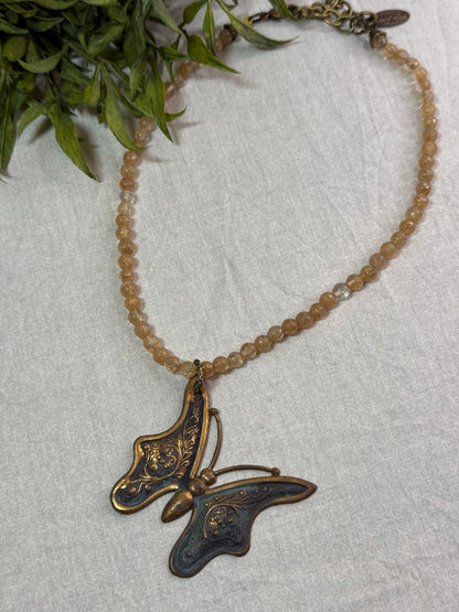 Butterfly on Stone Beaded Necklace - Vintage Vault Boutique
