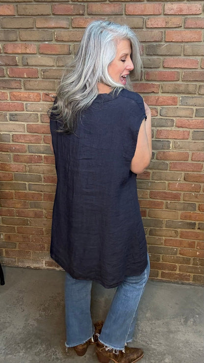 Navy Linen Hi Lo Tank with Pocket - Vintage Vault Boutique