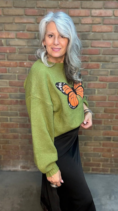 Monarch Butterfly on Green Sweater - Vintage Vault Boutique