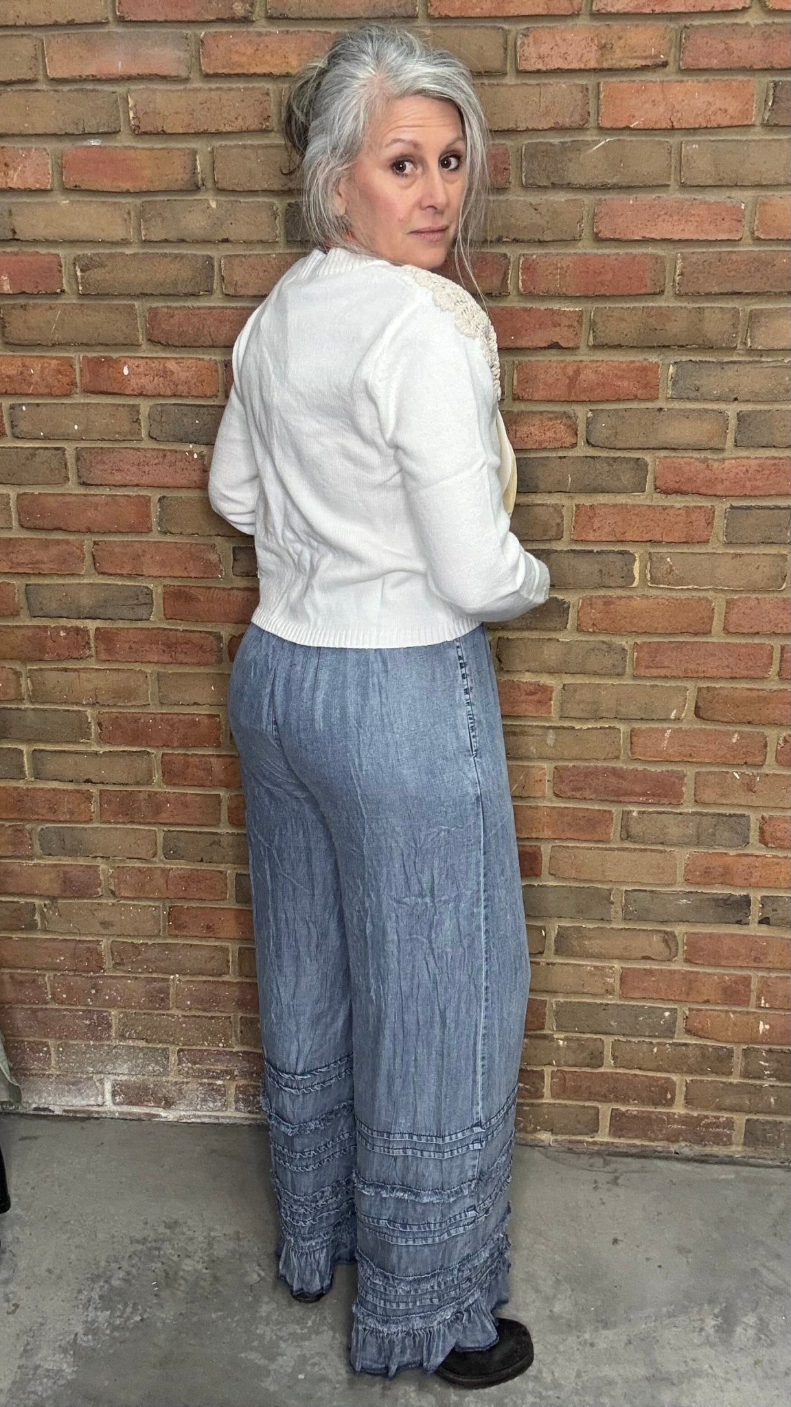Chambray Palazzo Pants with Ruffles - Vintage Vault Boutique