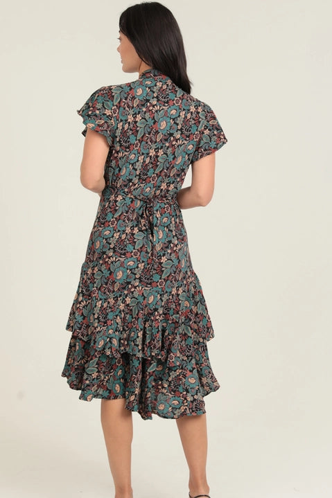 Tie Neck Ruffle Hem Print Midi Dress