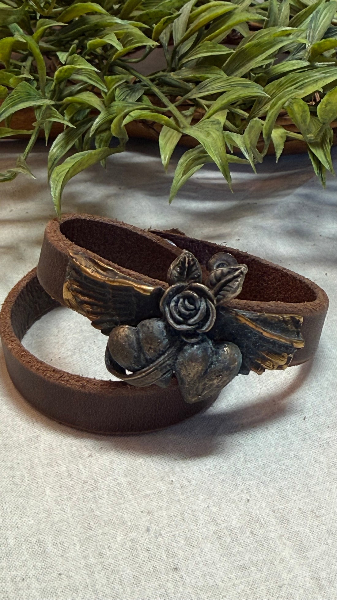 Leather with Brass Double Heart Bracelet