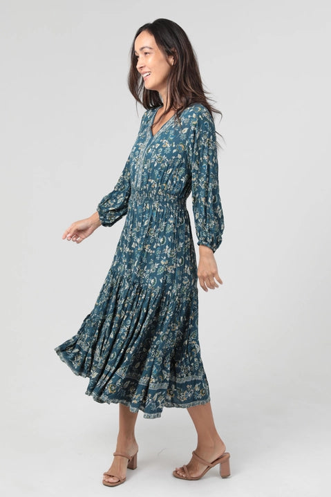 Teal Smocked Waist Midi Dress