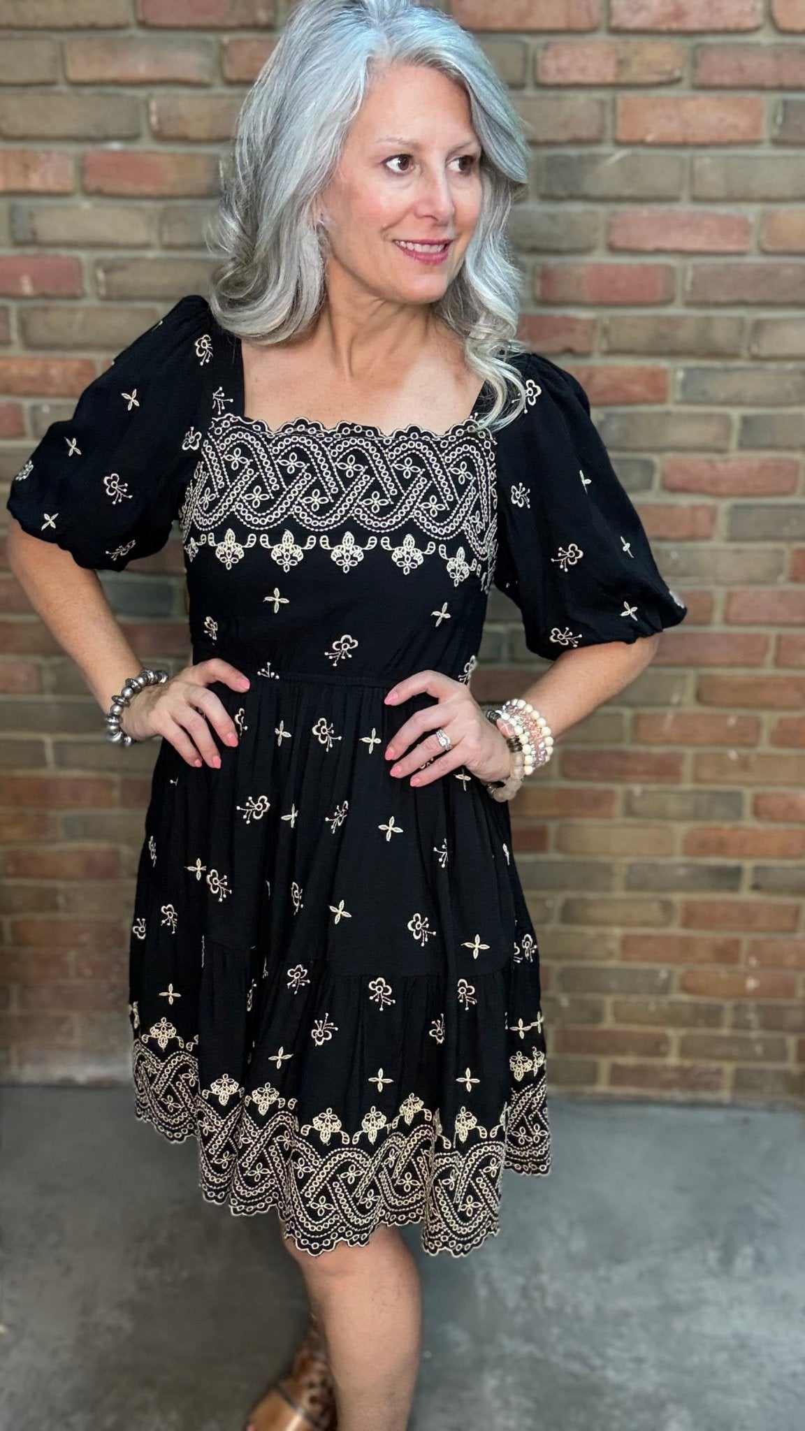Bubble Sleeve Embroidered Dress - Vintage Vault Boutique