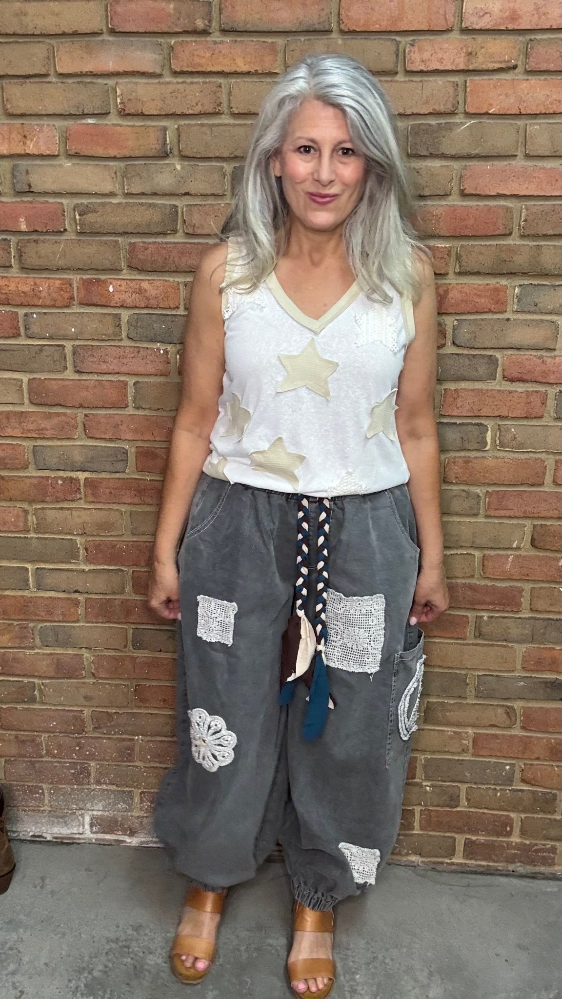 Charcoal Peace Applique Pant - Vintage Vault Boutique