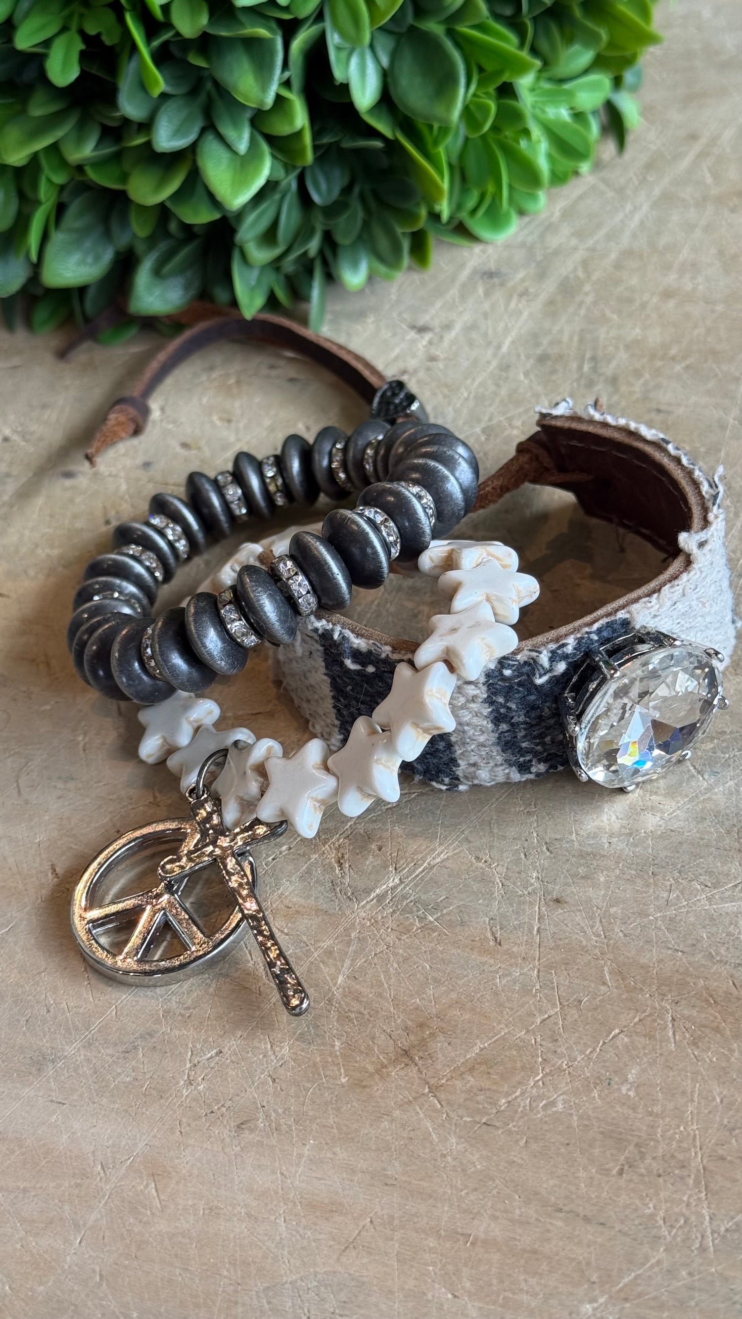 Denim Peace Stars and Cross Bracelet Stack