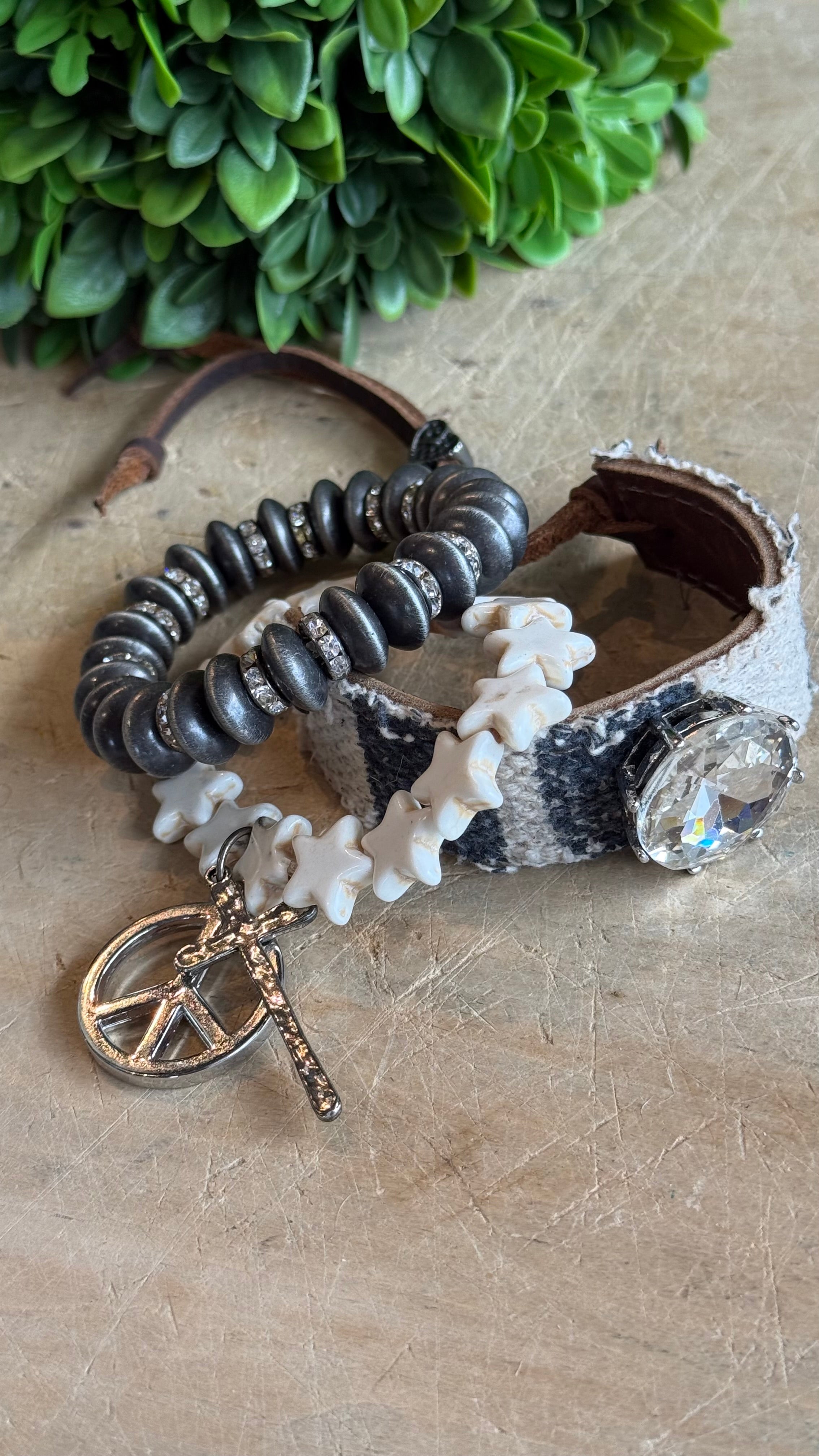 Denim Peace Stars and Cross Bracelet Stack