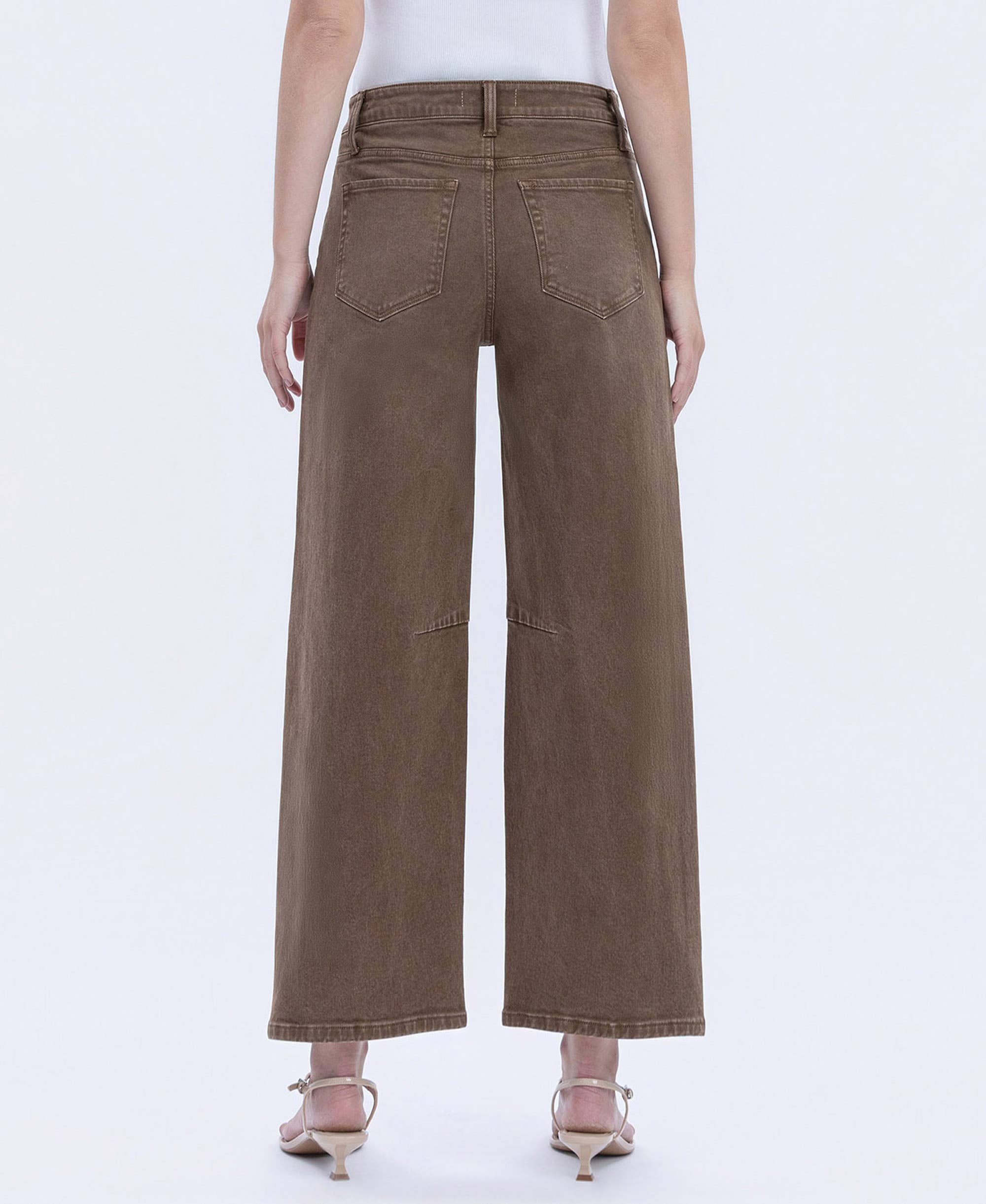 Brown wide-leg pants worn by a person on a white background