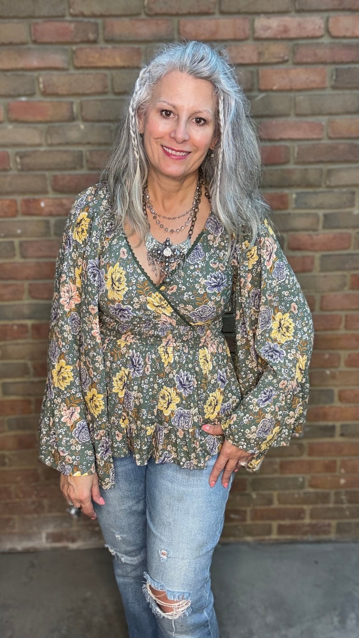 Long Flare Sleeve Flowy Top - Olive - Vintage Vault Boutique
