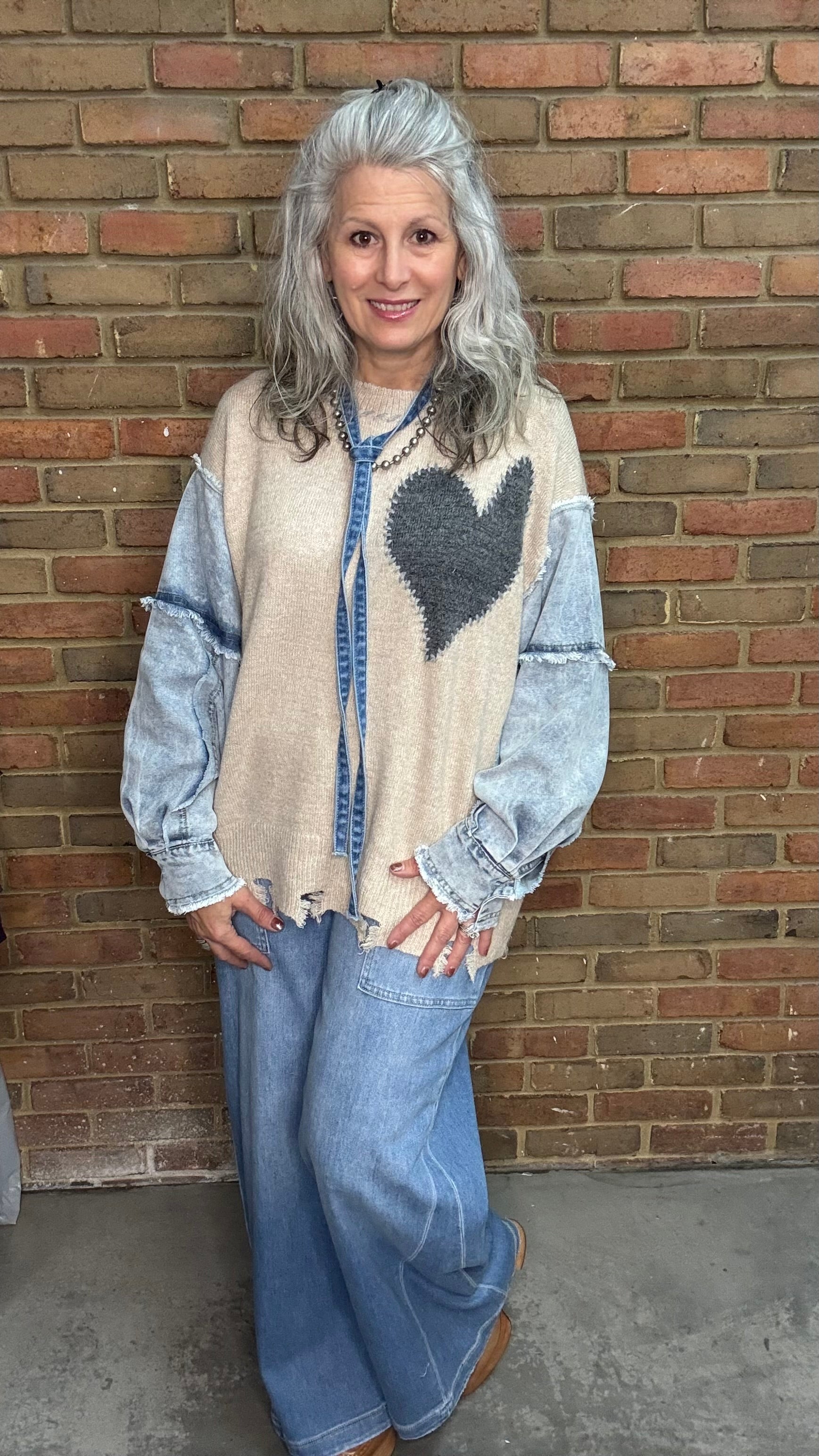 Bless my Heart Denim Sleeve Sweater