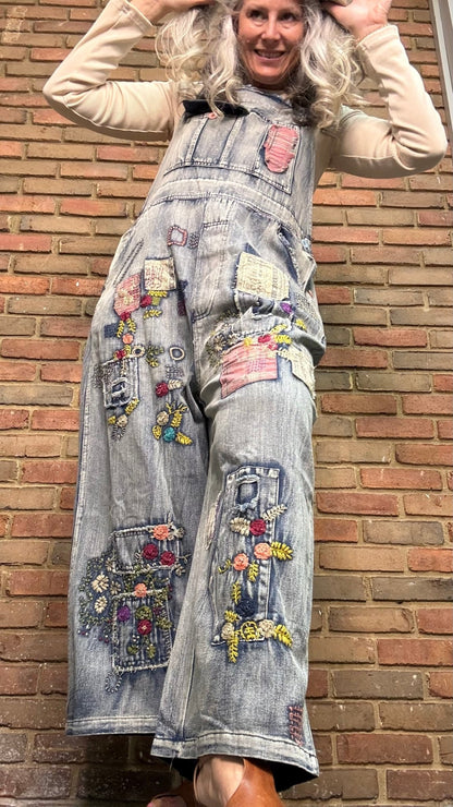 Embroidered Patchwork Denim Overalls - Vintage Vault Boutique