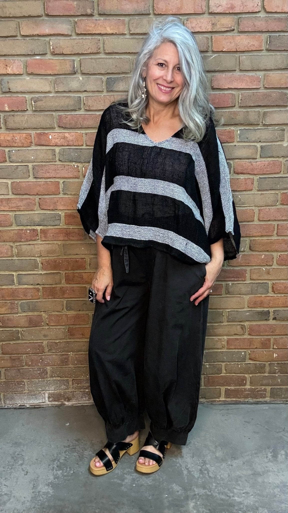 Charcoal and Black Striped Linen Topper - Vintage Vault Boutique