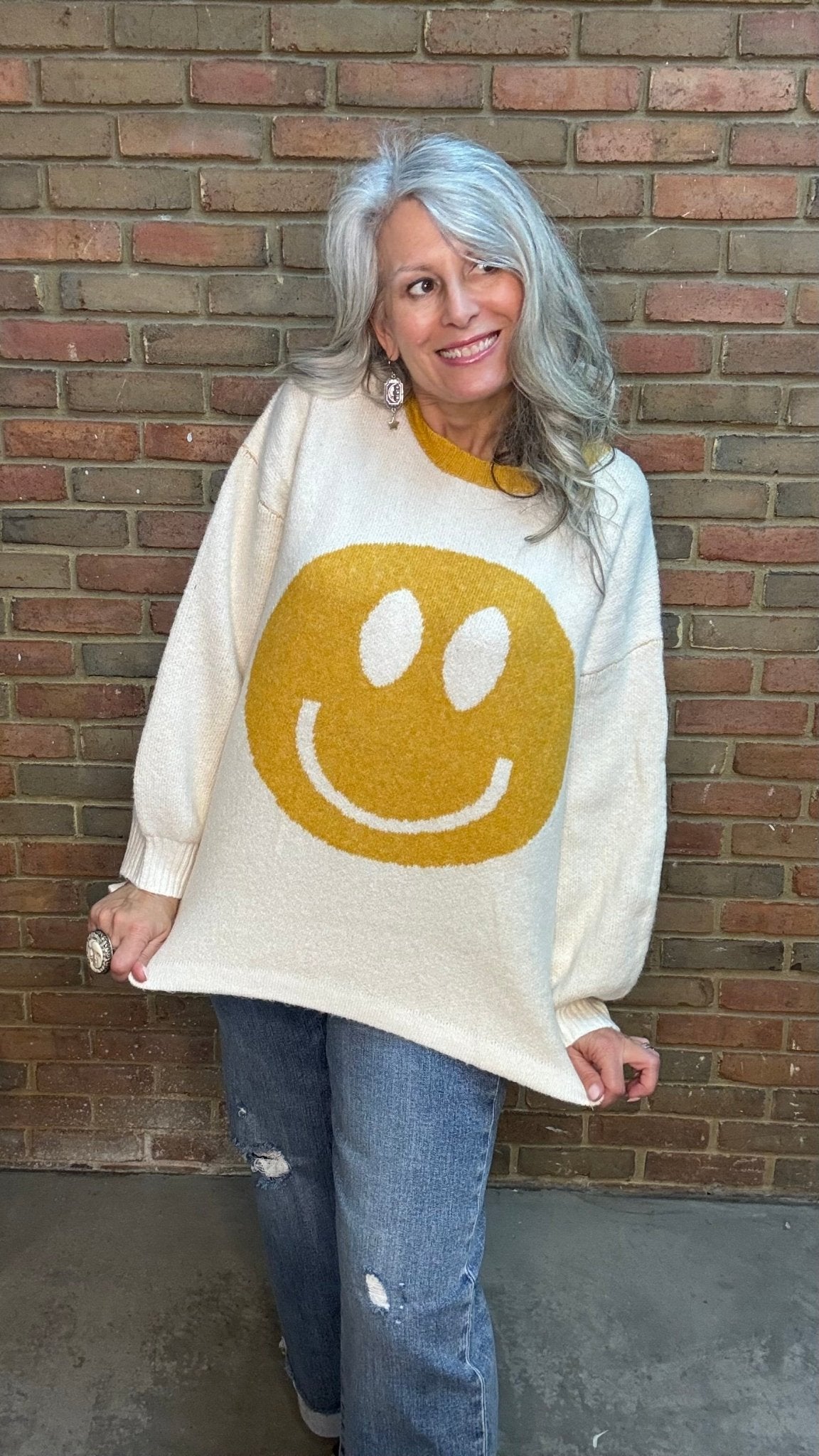 Golden Smiley Face Sweater - Vintage Vault Boutique